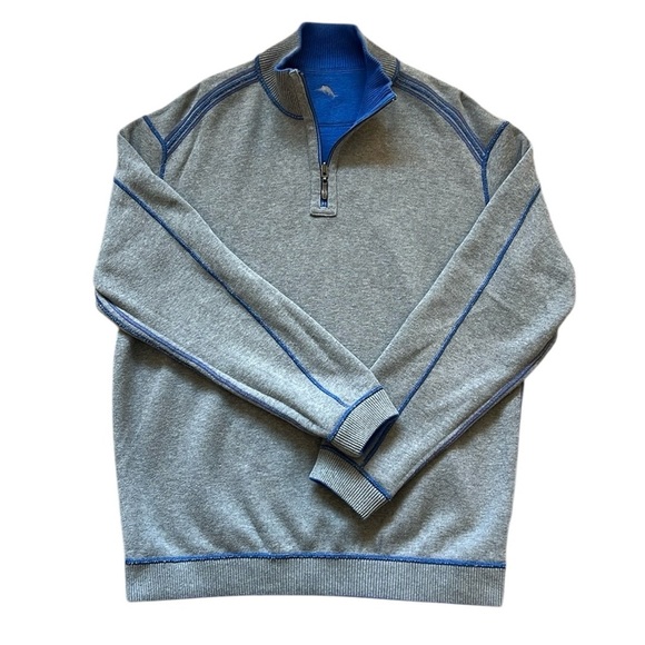 Tommy Bahama Reversible 1/4 Zip Sweater 100% Cotton Pullover Royal Blue/Gray XL - Picture 2 of 16